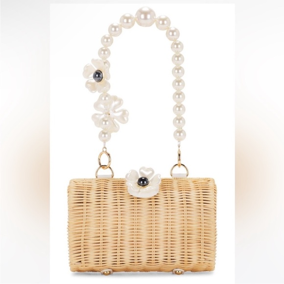 Btb Los Angeles Handbags - Pearl-Handle Woven Straw Handbag - Cream